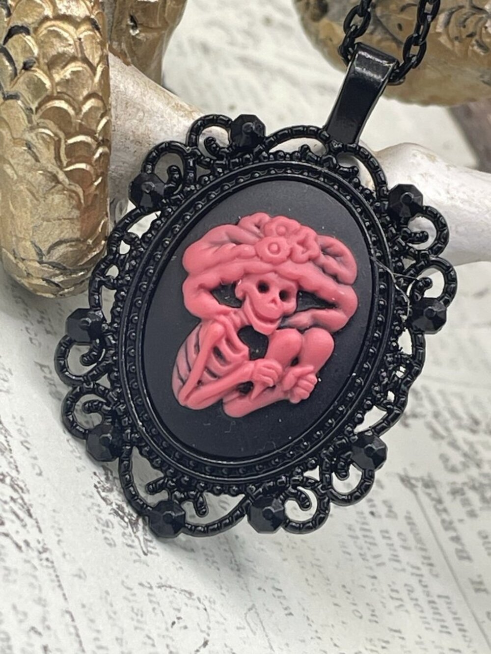 Sugar Skull Pink Black cameo Halloween Necklace Pendant Day of the dead lady